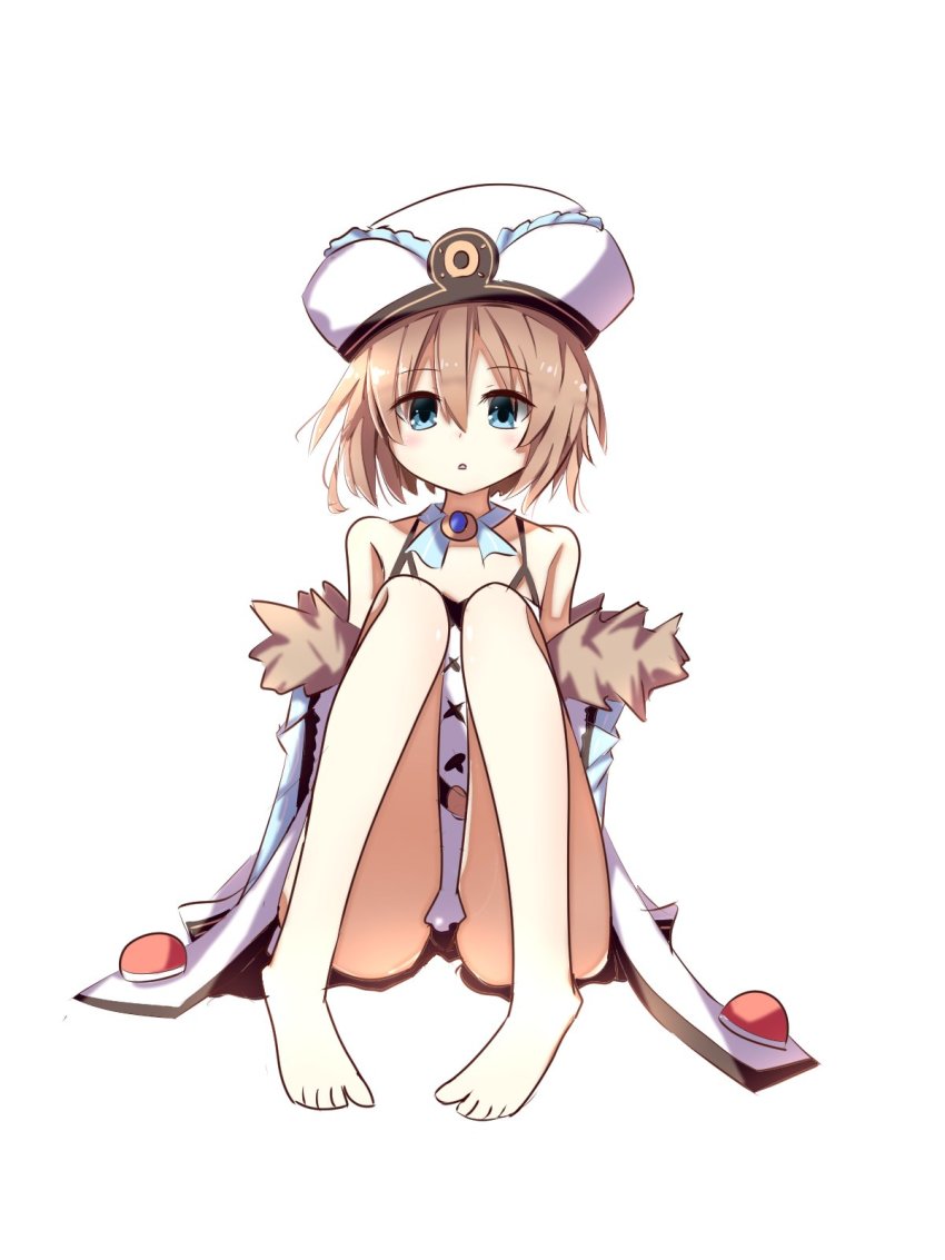 bare_shoulders blanc blanc_(neptunia) blue_eyes breasts brown_hair coat dress feet hat highres knees kuromazin19 neptune_(series) open_mouth ribbon short_hair small_breasts surprised thighs toes