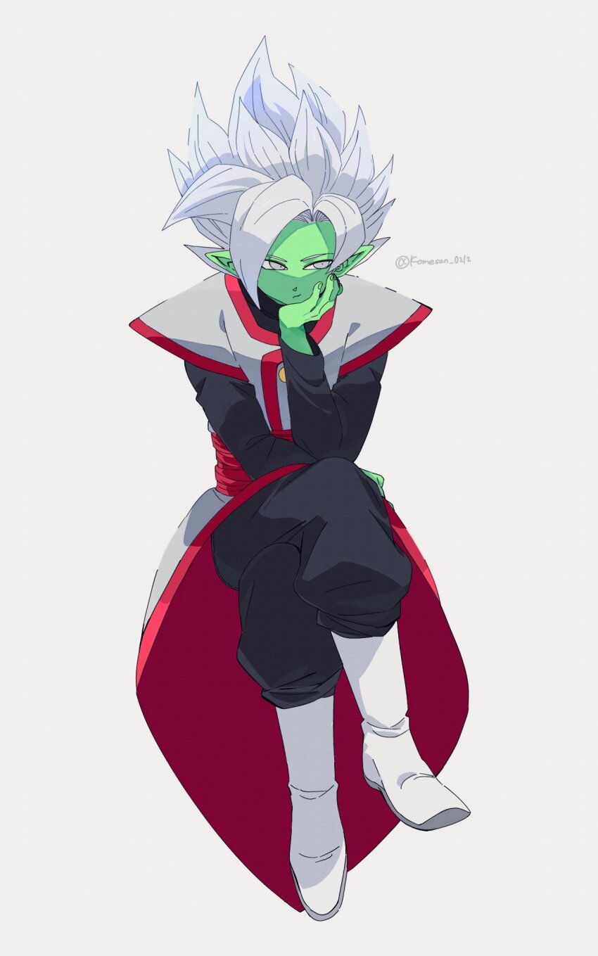 1boy black_bodysuit black_pants bodysuit boots colored_skin dragon_ball dragon_ball_super earrings fused_zamasu green_skin grey_eyes hand_on_chin highres invisible_chair jewelry komesan_0212 long_sleeves looking_to_the_side pants pointy_ears potara_earrings red_sash sash sitting solo spiked_hair white_footwear white_hair