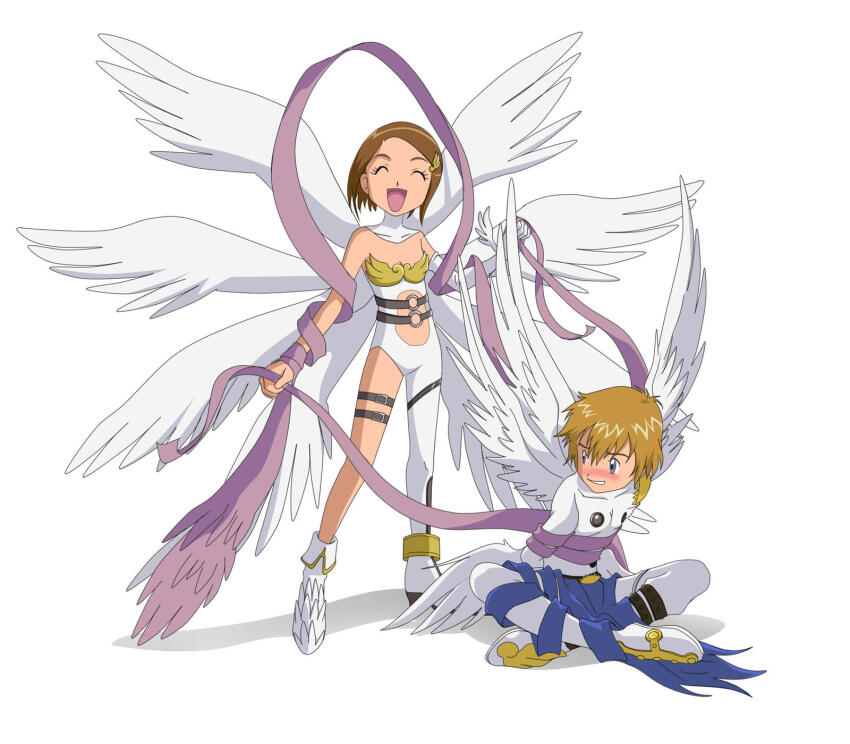 1boy 1girl angemon angemon_(cosplay) angewomon angewomon_(cosplay) belt blush closed_eyes cosplay digimon highres short_hair smile takaishi_takeru wings yagami_hikari