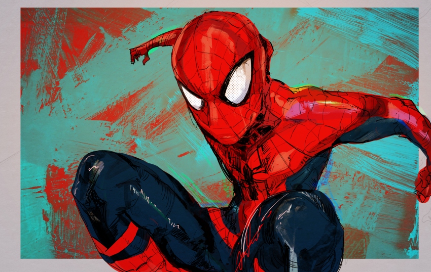 1boy animal_print blue_bodysuit bodysuit highres hiranko knees_up looking_at_viewer male_focus marvel mask red_bodysuit solo spider-man spider-man_(series) spider_print spider_web_print superhero_costume