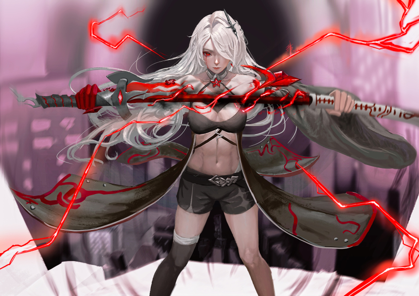 1girl acheron_(honkai:_star_rail) armor bandaged_leg bandages bare_shoulders belt black_belt black_choker black_coat black_hole black_shorts boots breasts bright_pupils choker cleavage closed_mouth coat coattails collarbone colored_extremities commentary cowboy_shot criss-cross_halter drawing_sword electricity english_commentary firons hair_ornament hair_over_one_eye halterneck highres holding holding_sword holding_weapon honkai:_star_rail honkai_(series) large_breasts long_hair looking_at_viewer midriff navel official_alternate_color red_eyes red_hands scabbard sheath shorts shoulder_armor single_thigh_boot single_wide_sleeve solo sword thigh_boots unsheathing weapon white_hair white_pupils