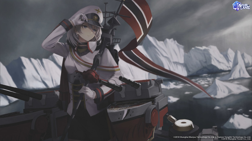 1girl absurdres azur_lane black_skirt blue_eyes breasts capelet closed_mouth cloud cloudy_sky coat commentary copyright_name cowboy_shot cross cross_earrings earrings english_commentary expressionless flag gloves grey_sky hand_on_headwear hara_shoutarou hat highres holding holding_flag ice_floe iceberg iron_cross jewelry logo long_sleeves medium_breasts military military_hat military_uniform ocean official_art peaked_cap rigging short_hair silver_hair skirt sky solo tirpitz_(azur_lane) turret water watermark white_capelet white_coat white_gloves white_hat