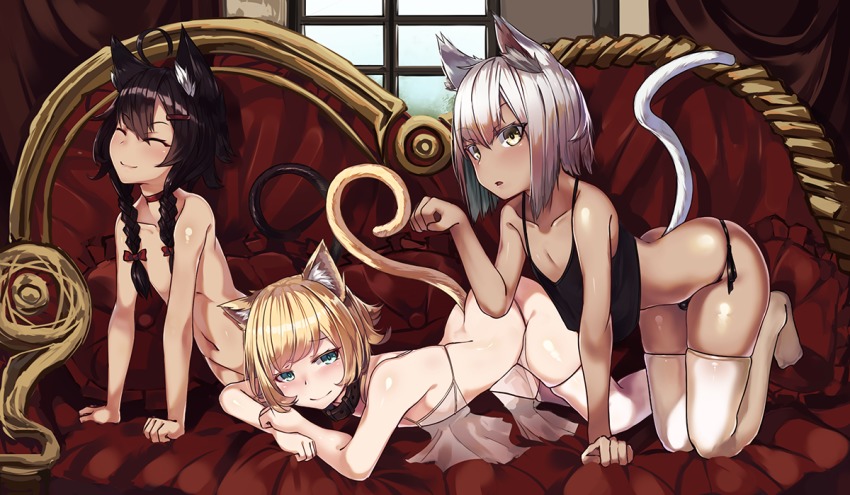 3boys ahoge all_fours animal_ears aqua_eyes bad_id bad_pixiv_id bare_arms bare_shoulders black_hair black_panties blonde_hair blush bow braid camisole cat_boy cat_ears cat_tail choker closed_eyes collar collarbone commentary_request couch curtains day frilled_pillow frills groin hair_bow hair_ornament hairclip indoors long_hair looking_at_viewer male_focus multiple_boys natori_youkai navel no_shoes nude open_mouth original panties paw_pose pillow room short_hair side-tie_panties skindentation smile stretching tail thighhighs top-down_bottom-up trap twin_braids twintails underwear white_hair white_legwear window yellow_eyes