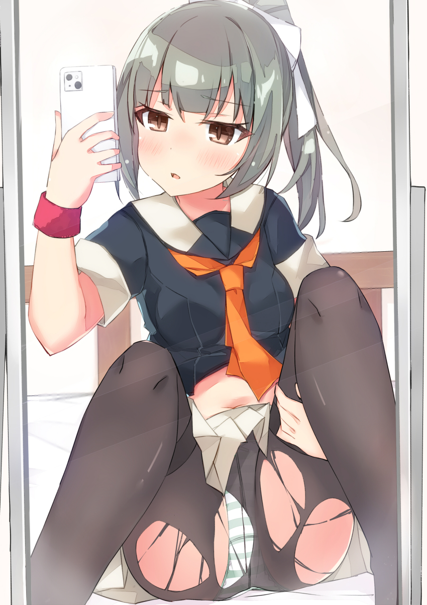 1girl absurdres beritabo black_pantyhose bow bow_panties breasts brown_eyes cellphone commentary_request grey_hair grey_sailor_collar grey_skirt hair_ribbon highres holding holding_phone kantai_collection long_hair medium_breasts midriff miniskirt mirror navel neckerchief orange_neckerchief panties panties_under_pantyhose pantyhose phone pleated_skirt ponytail reflection ribbon sailor_collar school_uniform selfie serafuku short_sleeves sitting skirt smartphone solo striped_clothes striped_panties taking_picture torn_clothes torn_pantyhose underwear white_ribbon yuubari_(kancolle) yuubari_kai_ni_(kancolle)