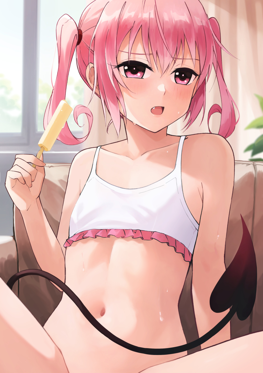 1girl absurdres armpit_crease bare_shoulders bottomless collarbone crop_top demon_girl demon_tail fang flat_chest food frills heart heart_tail highres holding holding_food holding_popsicle light_blush looking_at_viewer medium_hair nana_asta_deviluke navel no_panties open_mouth pink_eyes pink_hair popsicle siina27164 solo stomach sweat tail to_love-ru twintails