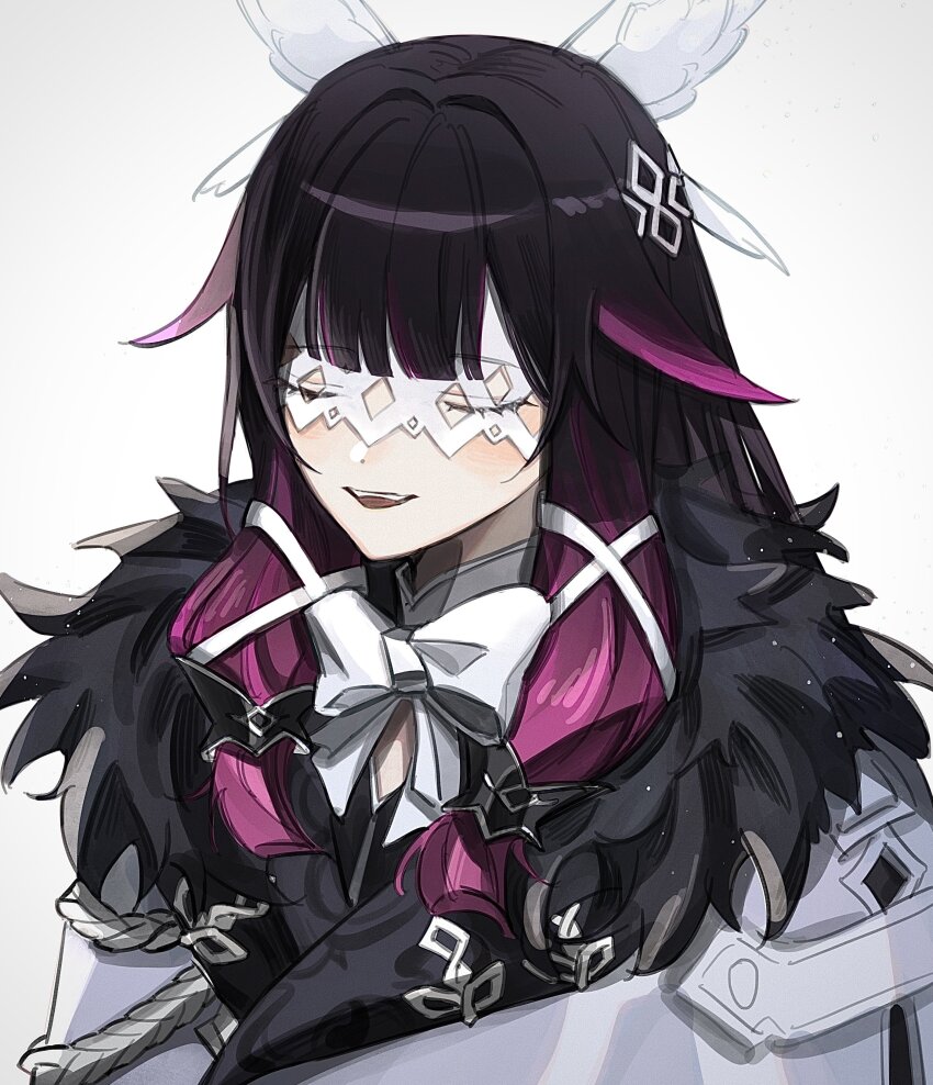 1girl absurdres aiguillette black_hair blunt_bangs bow bowtie closed_eyes coat columbina_(genshin_impact) dagashi_aa eye_mask eyelashes eyemask eyes_visible_through_eyewear fur-trimmed_coat fur-trimmed_collar fur_collar fur_trim genshin_impact gradient_hair hair_intakes hair_ribbon head_wings highres lapels long_hair mandarin_collar multicolored_hair multiple_wings open_mouth parted_bangs pink_hair ribbon solo teeth three_quarter_view tress_ribbon upper_body upper_teeth_only white_background white_bow white_bowtie white_coat white_mask white_ribbon white_wings wings winter_clothes winter_coat x-shaped_eyewear