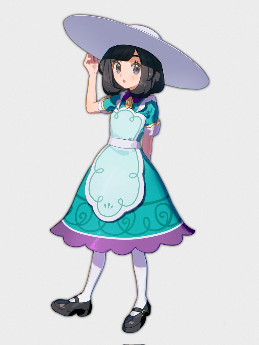 1girl :o apron arm_behind_back black_eyes black_hair black_shoes commentary cosplay creatures_(company) dress fua1heyvot4ifsr full_body game_freak green_dress hat highres lillie_(pokemon) lillie_(pokemon)_(cosplay) lillie_(special_costume)_(pokemon) looking_at_viewer nintendo open_mouth pokemon pokemon_masters_ex selene_(pokemon) shoes short_hair short_sleeves solo symbol-only_commentary white_hat