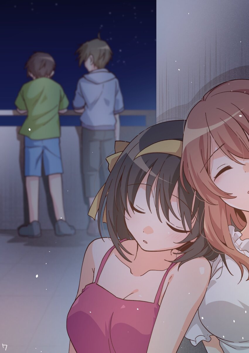 2boys 2girls asahina_mikuru blue_shorts breasts brown_hair camisole casual cleavage closed_eyes collarbone commentary_request frilled_shirt frills green_shirt grey_pants hair_ribbon hairband highres koizumi_itsuki kyon long_hair medium_breasts medium_hair multiple_boys multiple_girls night night_sky outdoors pants red_camisole ribbon shirt short_hair shorts sky sleeping sleeping_upright spaghetti_strap standing suzumiya_haruhi suzumiya_haruhi_no_yuuutsu taiki_(6240taiki) white_shirt yellow_hairband yellow_ribbon