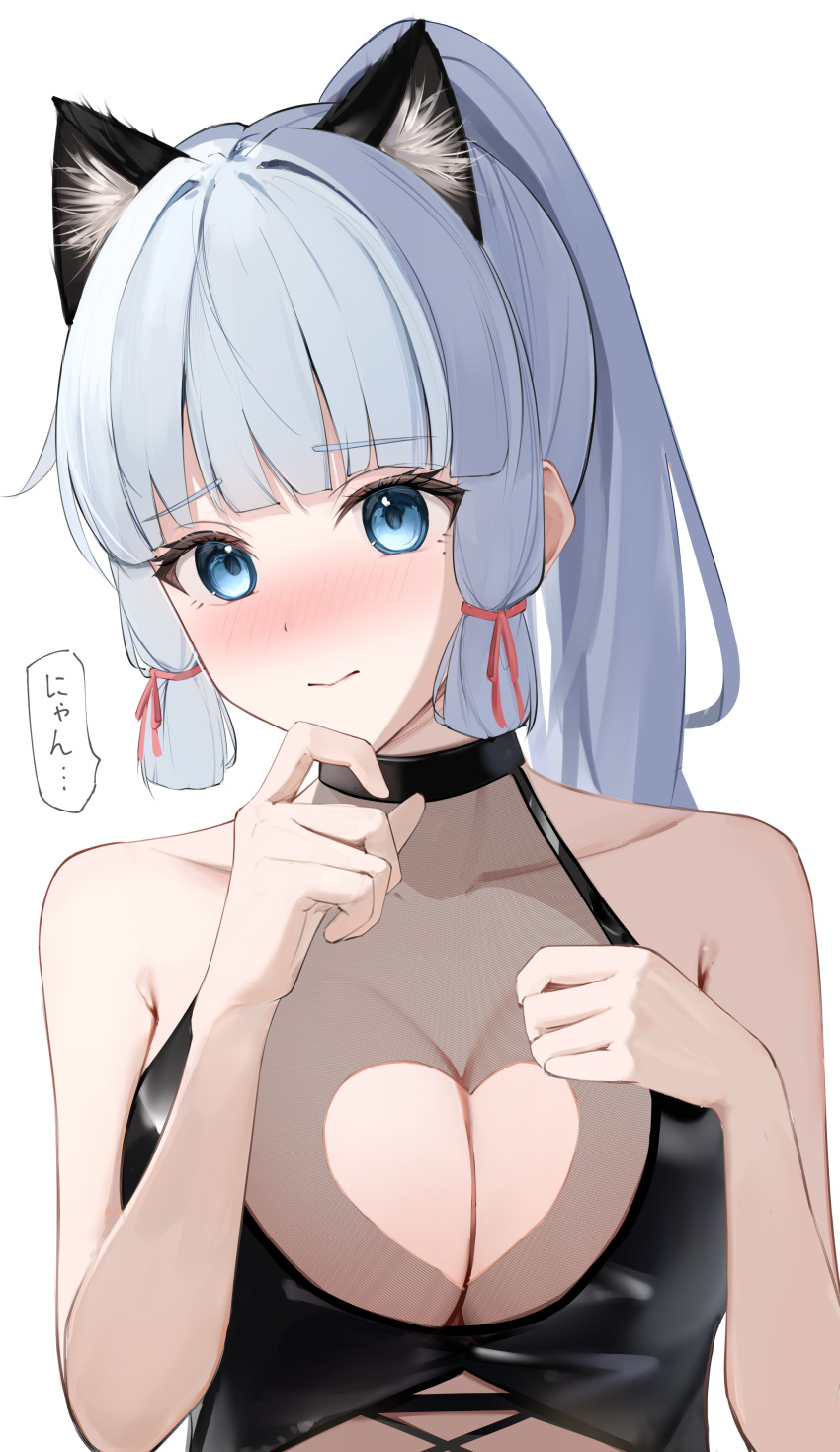 1girl absurdres alternate_costume animal_ear_fluff animal_ears ayaka_(genshin_impact) bare_shoulders black_choker blue_eyes blue_hair blush breasts cat_ears choker cleavage clothing_cutout collarbone commentary_request genshin_impact hand_on_own_chest hand_up heart_cutout high_ponytail highres kemonomimi_mode kirishe1101 large_breasts light_blue_hair light_smile long_hair looking_at_viewer simple_background solo speech_bubble translation_request white_background