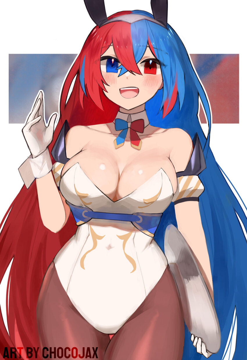 1girl alear_(female)_(fire_emblem) alear_(fire_emblem) alternate_costume animal_ears blue_eyes blue_hair breasts chocojax crossed_bangs english_text fake_animal_ears fire_emblem fire_emblem_engage heterochromia highres large_breasts leotard long_hair multicolored_hair nintendo playboy_bunny rabbit_ears red_eyes red_hair solo split-color_hair strapless strapless_leotard tiara two-tone_hair very_long_hair