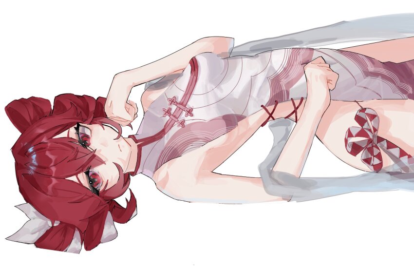 1girl bow breasts china_dress chinese_clothes closed_mouth dress drill_hair hair_between_eyes hair_bow hair_ribbon highres kasane_teto kasane_teto_(sv) li1lluu no_ahoge pelvic_curtain red_eyes red_hair red_trim revealing_clothes ribbon simple_background small_breasts solo striped_clothes striped_dress synthesizer_v twin_drills utau white_background white_bow white_dress white_ribbon