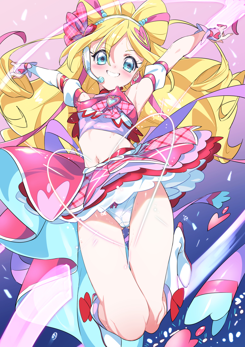 1girl absurdres arm_warmers blonde_hair blue_eyes blush brooch commentary_request crop_top cure_idol detached_sleeves drill_hair earrings hair_ornament hair_ribbon hairband headset heart heart_brooch heart_earrings heart_hair_ornament high_heels highres jewelry kimi_to_idol_precure kneehighs long_hair magical_girl midriff navel niko_(tama) open_mouth paid_reward_available panties partial_commentary pink_footwear pink_ribbon pink_shirt pink_skirt precure ribbon sakura_uta_(precure) shirt single_arm_warmer skirt smile socks solo twin_drills underwear white_hairband white_panties white_socks wrist_cuffs