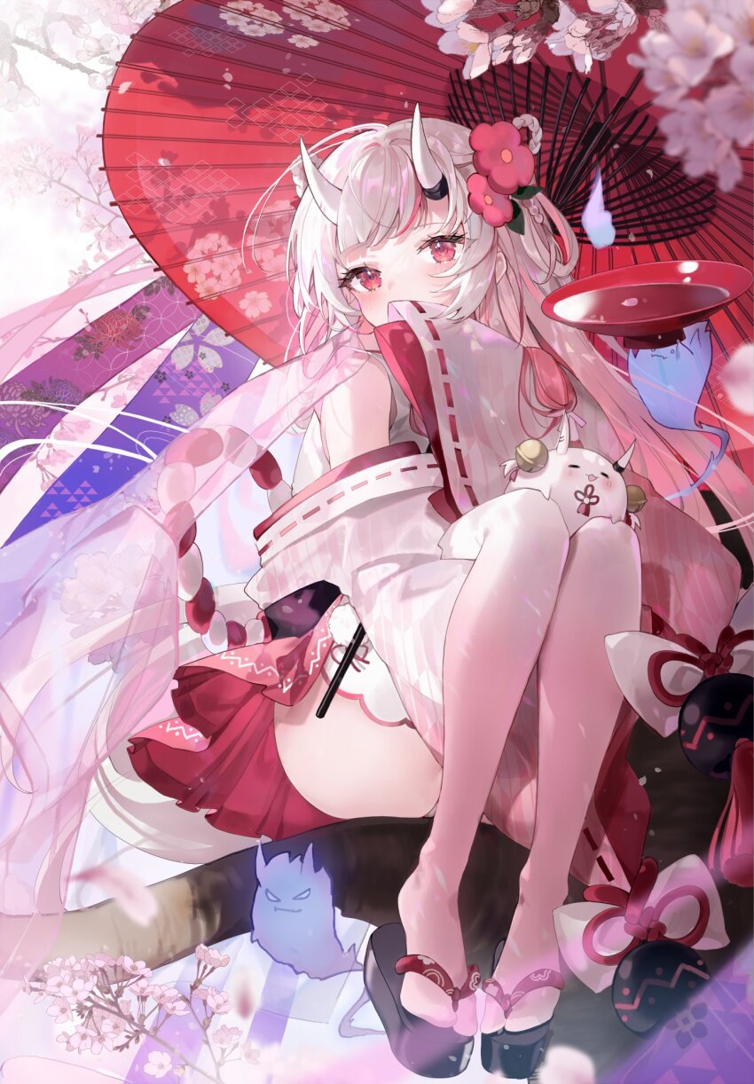 1girl 2others alcohol animal ass blush cherry_blossoms choko_(cup) closed_eyes cup detached_sleeves falling_petals feet ghost highres hololive horns japanese_clothes kimono multiple_others nakiri_ayame no_mouth oni petals plate poyoyo_(nakiri_ayame) red_eyes sandals shiohana sitting socks umbrella virtual_youtuber white_hair white_socks