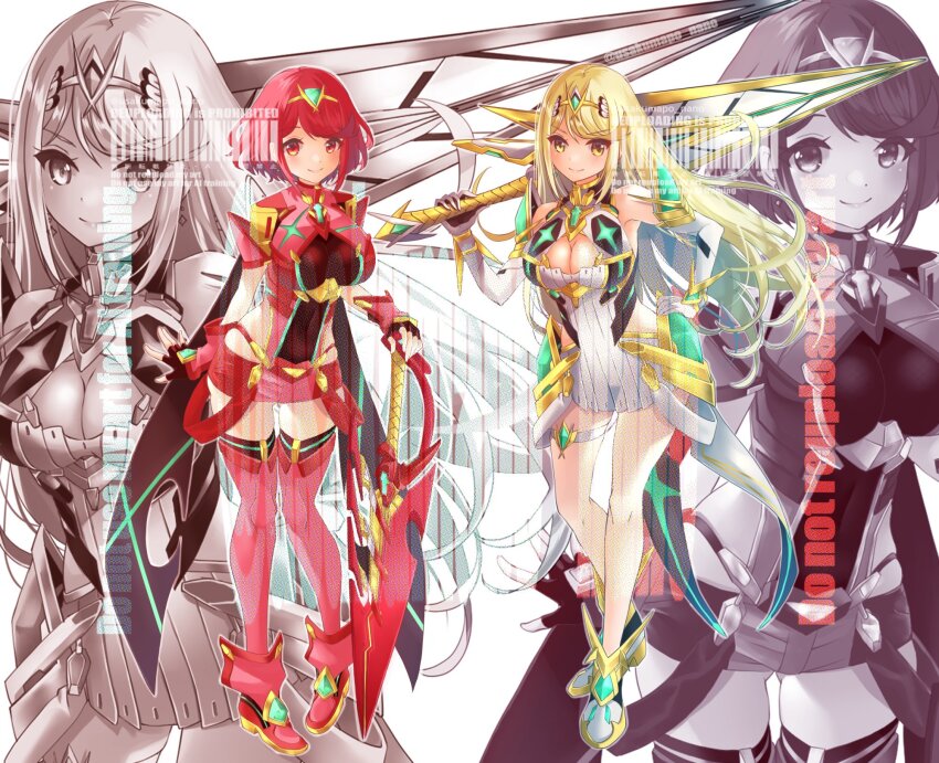 2girls bare_shoulders blonde_hair breasts cleavage cleavage_cutout clothing_cutout full_body highres holding holding_sword holding_weapon large_breasts long_hair multiple_girls mythra_(xenoblade) pyra_(xenoblade) red_eyes red_hair red_shorts short_hair shorts sword tiara usakumapo_nano watermark weapon white_background xenoblade_chronicles_(series) xenoblade_chronicles_2 yellow_eyes zoom_layer