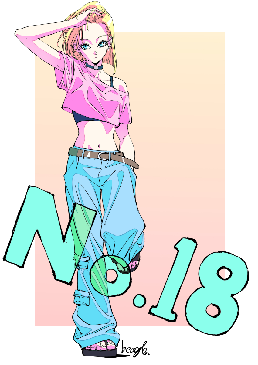 1girl absurdres alternate_costume android_18 artist_name baggy_pants belt black_bra black_choker black_footwear black_sports_bra blonde_hair blue_eyes blue_pants border bra breasts brown_belt character_name choker closed_mouth commentary_request crop_top cropped_shirt dragon_ball dragonball_z earrings full_body hand_in_own_hair hand_in_pocket highres hoop_earrings jewelry leg_up looking_up midriff navel pants parted_hair pink_shirt sandals shirt short_hair silver_earrings small_breasts solo sports_bra strikebeagle underwear white_border