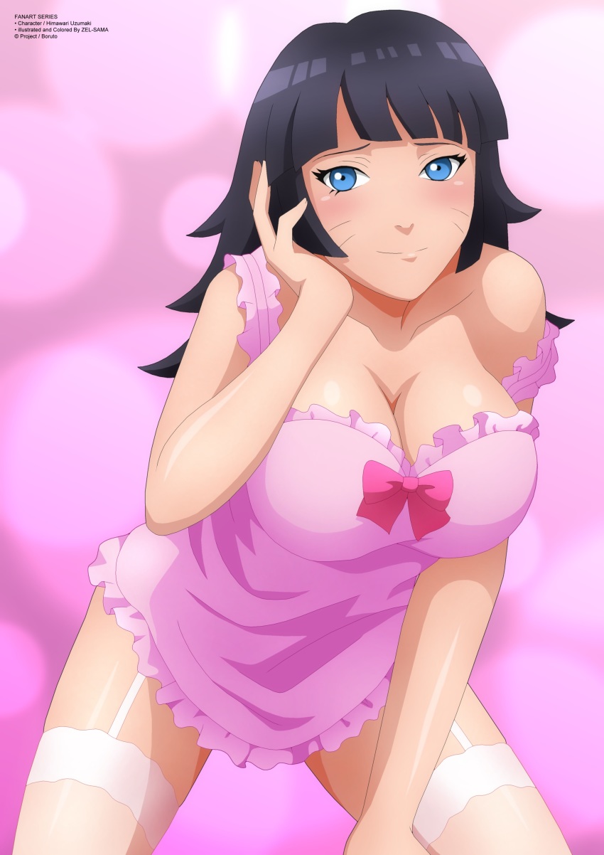 1girl absurdres aged_up arm_support black_hair blue_eyes blush boruto:_naruto_next_generations breasts bubble_background cleavage collarbone dress facial_mark garter_straps hand_on_own_cheek hand_on_own_face highres kneeling large_breasts long_hair looking_at_viewer naruto naruto_(series) pink_background pink_dress sleeveless sleeveless_dress smile strap_slip thighhighs uzumaki_himawari whisker_markings white_thighhighs zel-sama