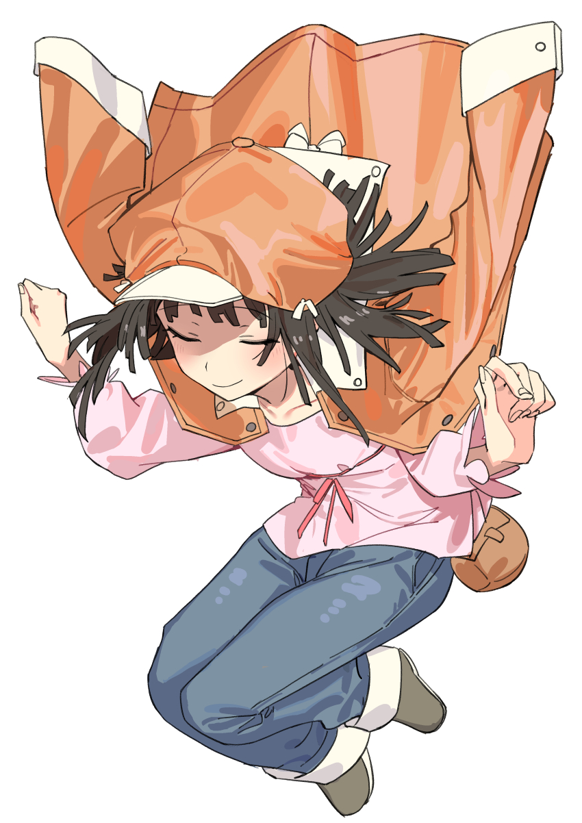 1girl absurdres black_hair blue_pants closed_eyes closed_mouth full_body haruyuki_(gffewuoutgblubh) hat highres jacket monogatari_(series) orange_hat orange_jacket pants pink_shirt sengoku_nadeko shirt short_hair simple_background smile solo white_background