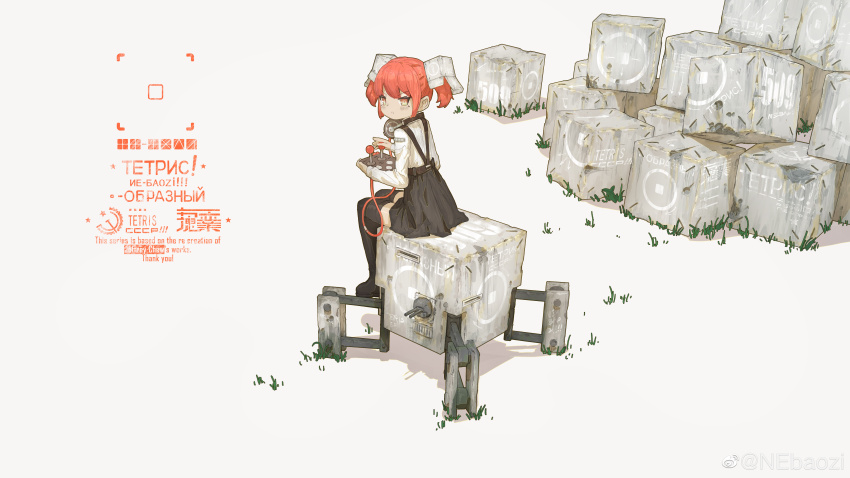 1girl absurdres black_skirt black_thighhighs closed_mouth commentary_request from_behind highres holding long_sleeves looking_at_viewer looking_back mecha ne_baozi original red_hair robot simple_background sitting skirt suspender_skirt suspenders tetris thighhighs v-shaped_eyebrows walker_(robot)