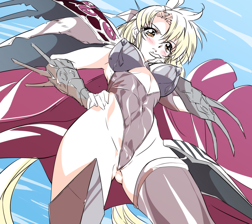 1girl absurdres armor blonde_hair blush breasts brown_eyes cape covered_erect_nipples grey_hair highleg highleg_leotard highres langrisser leotard long_hair looking_at_viewer niko_(tama) pauldrons rana_(langrisser) shoulder_armor solo thighhighs thong_leotard