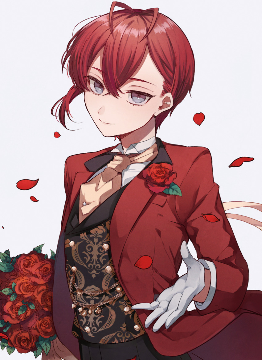 1boy ahoge blue_eyes flower formal gloves heart highres kenpin looking_at_viewer looking_to_the_side necktie pale_skin petals reaching reaching_towards_viewer red_hair riddle_rosehearts rose solo twisted_wonderland