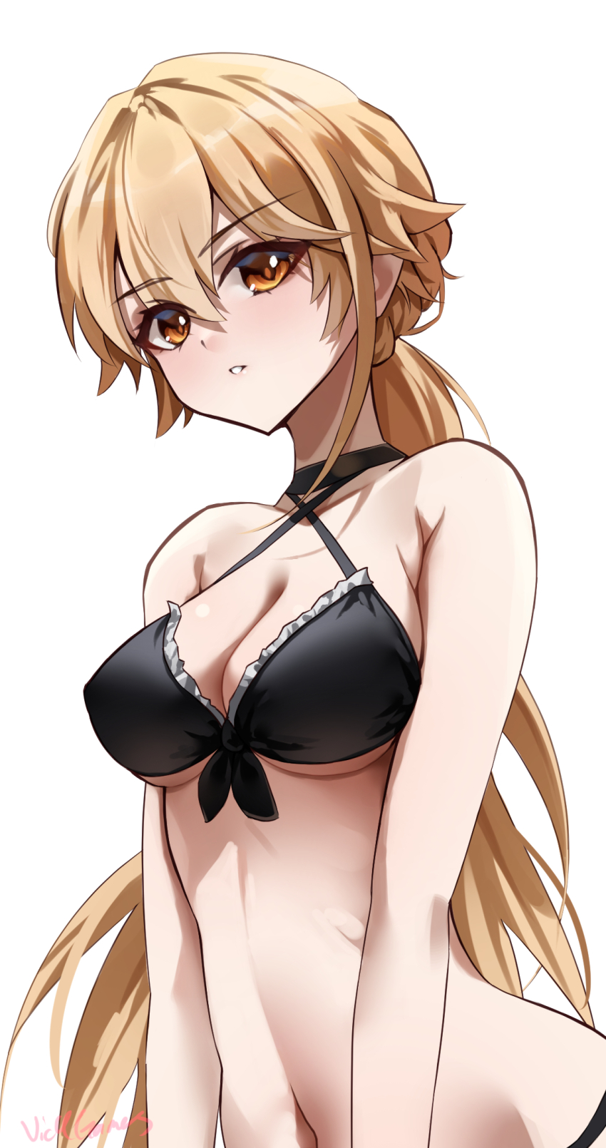 1girl alternate_costume artist_name bikini black_bikini blonde_hair breasts cleavage commentary english_commentary frilled_bikini frills front-tie_bikini_top front-tie_top girls&#039;_frontline girls&#039;_frontline_2:_exilium groza_(girls&#039;_frontline_2) halterneck highres long_hair looking_at_viewer navel orange_eyes ots-14_(girls&#039;_frontline) parted_lips ponytail simple_background solo stomach swimsuit upper_body vic4games white_background