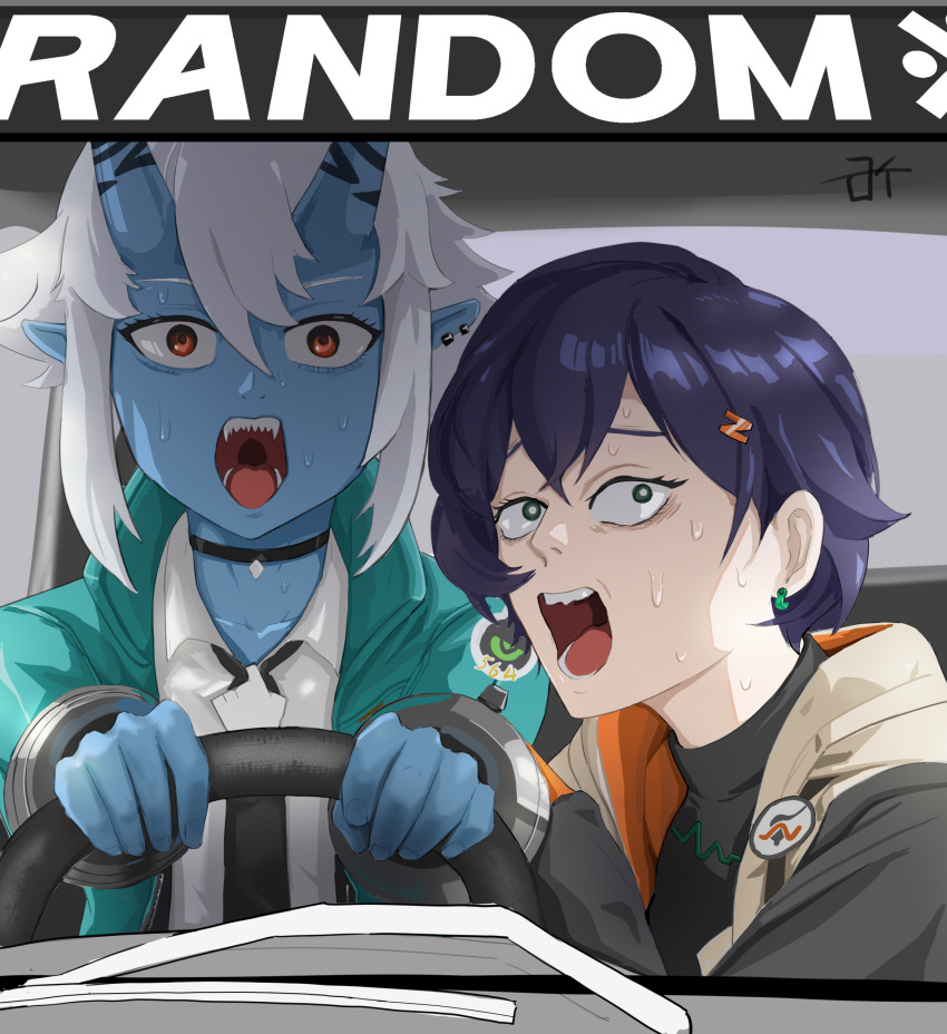 2girls absurdres artist_request belle_(zenless_zone_zero) blue_hair blue_skin chainsaw_man choker colored_skin earrings green_eyes hair_ornament hairpin highres horrified jacket jewelry meme multiple_girls necktie nervous_sweating oni open_mouth parody power_crashes_kobeni&#039;s_car_(meme) short_hair signature soukaku_(zenless_zone_zero) steering_wheel sweat white_hair zenless_zone_zero