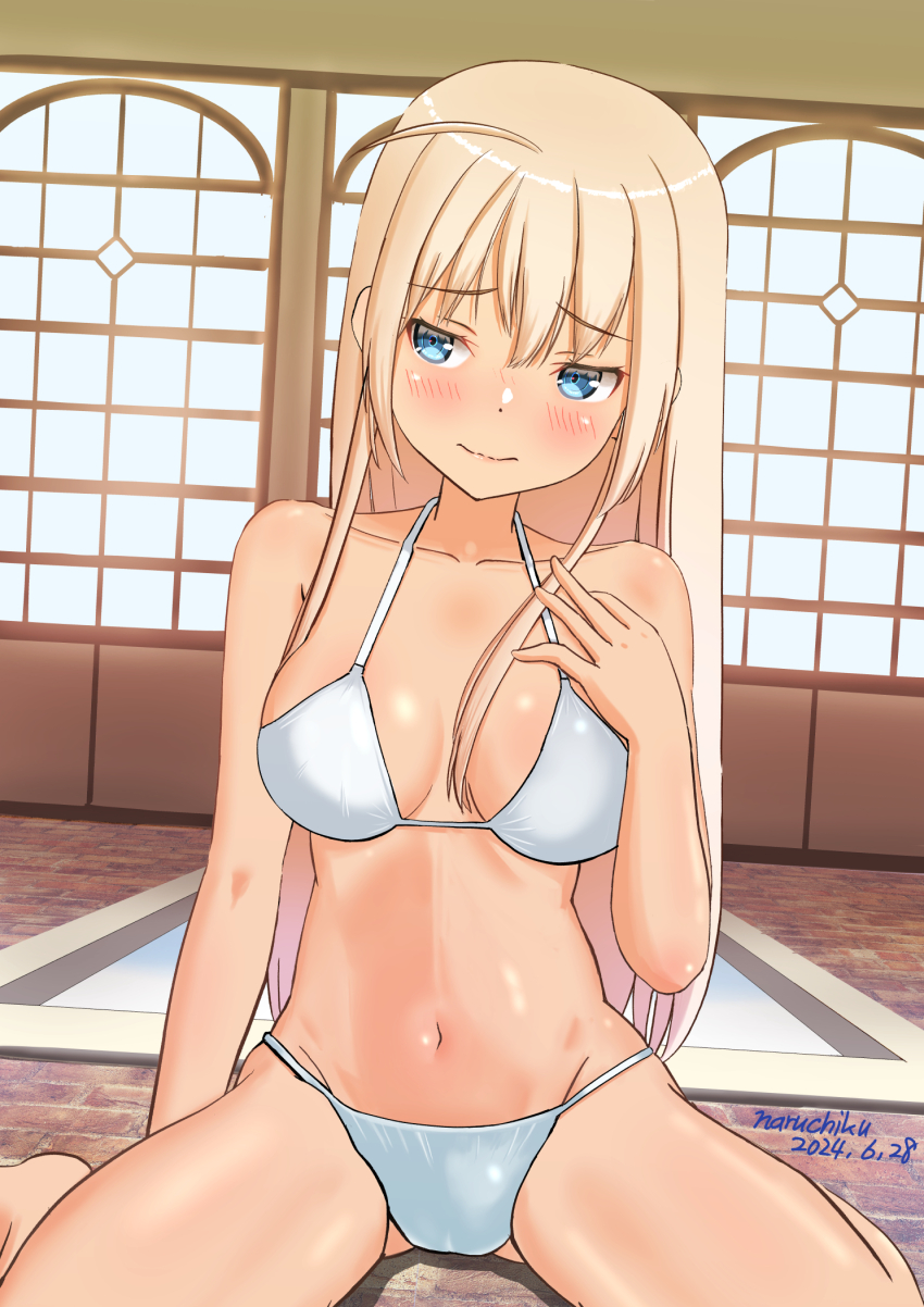 1girl ahoge averting_eyes bikini blonde_hair blue_eyes blush breasts cameltoe closed_mouth embarrassed hanna-justina_marseille highres indoors large_breasts long_hair naruchisukisuki navel solo strike_witches swimsuit white_bikini world_witches_series