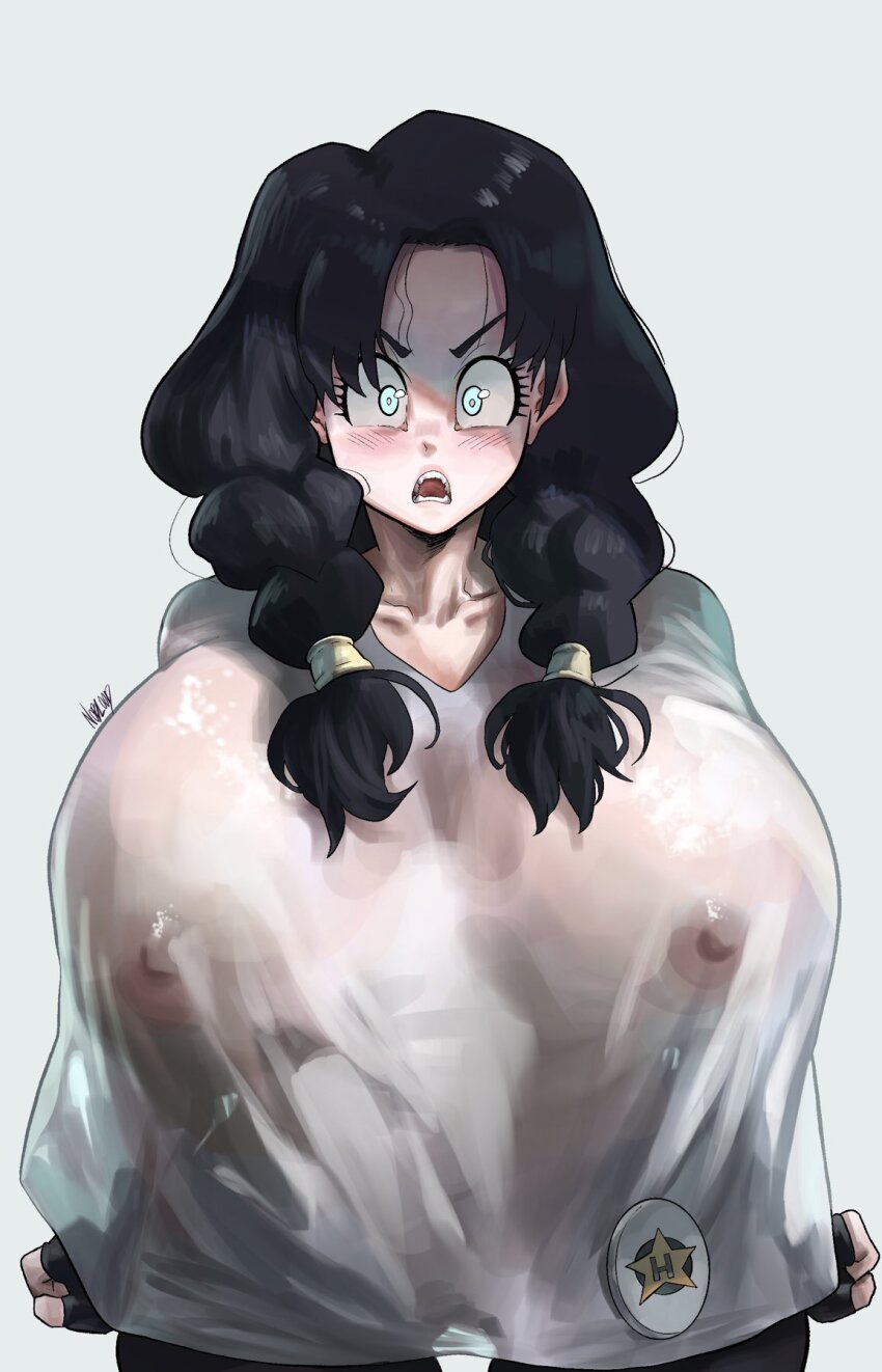 1girl black_hair blue_eyes blush breasts dragonball_z female_focus highres huge_breasts long_hair looking_at_viewer nipples noblood_(ryandomonica) open_mouth simple_background solo surprised twintails videl white_background