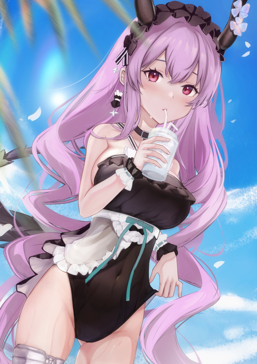 1girl arknights black_hairband black_horns black_one-piece_swimsuit black_tail blue_sky breasts cloud covered_navel cup disposable_cup drinking drinking_straw drinking_straw_in_mouth earrings frilled_hairband frilled_one-piece_swimsuit frilled_wristband frills hairband highres holding holding_cup horns jewelry kyuu_(q_des9) large_breasts long_hair looking_at_viewer official_alternate_costume one-piece_swimsuit purple_eyes purple_hair sky solo swimsuit typhon_(arknights) typhon_(temperature_difference)_(arknights) very_long_hair