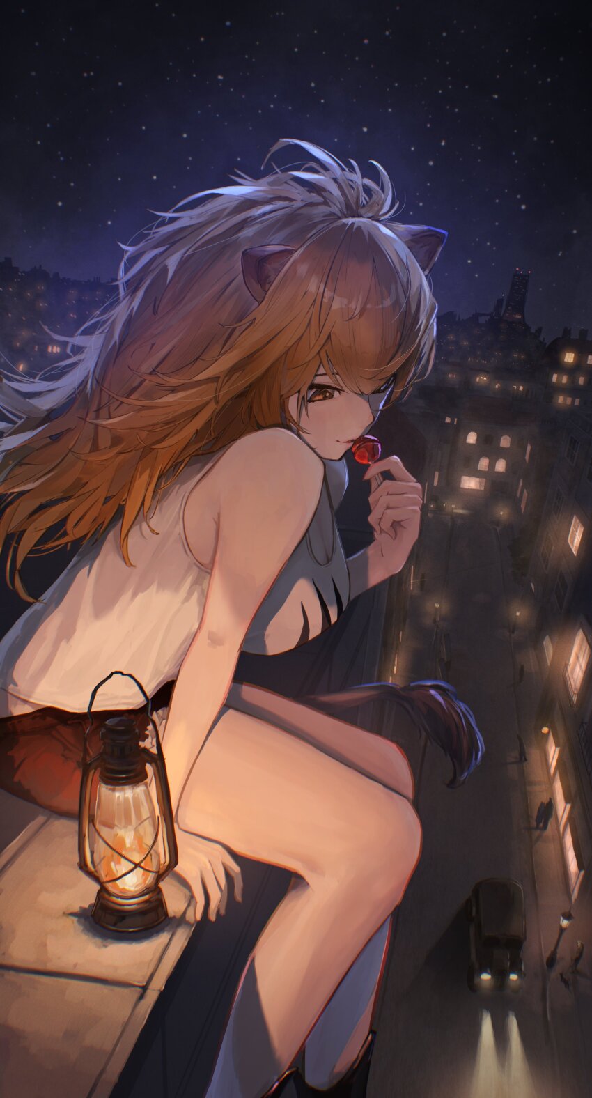 1girl absurdres animal_ears arknights breasts brown_eyes brown_hair candy city food highres holding holding_candy holding_food holding_lollipop lantern large_breasts lion_ears lion_tail lollipop long_hair night renkon_logistics rooftop shorts siege_(arknights) sitting tail tank_top white_tank_top