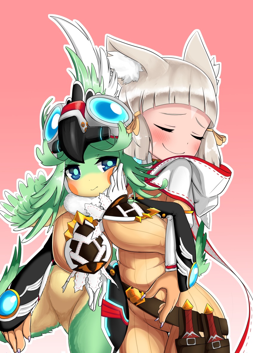 2girls absurdres animal_ear_fluff animal_ears belt blue_eyes blush blush_stickers body_fur cat_ears cat_girl closed_eyes closed_mouth dagger finch_(xenoblade) furry furry_female gloves goggles goggles_on_head green_hair grey_hair highres hug hug_from_behind jumpsuit knife looking_at_viewer multiple_girls nia_(xenoblade) outline pink_background sheath sheathed short_hair taiyaki_(powan_po40) weapon white_gloves white_outline xenoblade_chronicles_(series) xenoblade_chronicles_2 yellow_jumpsuit