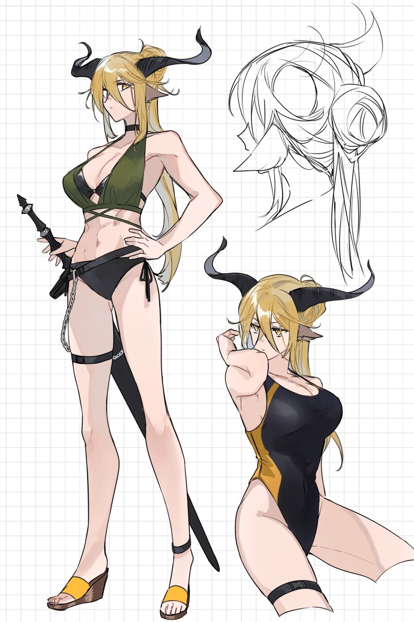 1girl absurdres animal_ears arknights arm_up bikini black_bikini black_horns black_one-piece_swimsuit blonde_hair breasts brown_footwear cleavage closed_mouth degenbrecher_(arknights) grid grid_background hair_between_eyes hand_on_own_hip highleg highleg_one-piece_swimsuit highres horns large_breasts long_bangs long_hair looking_at_viewer looking_to_the_side multiple_views navel no_socks one-piece_swimsuit ponytail sandals sheath sheathed standing swimsuit sword thigh_strap toeless_footwear toes turning_head weapon white_background yakota_(usuk-yako)