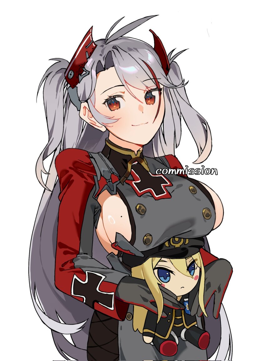 1girl antenna_hair azur_lane bismarck_(azur_lane) breasts character_doll commission cross doll grey_hair hair_ornament highres holding holding_doll iron_cross long_sleeves looking_at_viewer military_uniform mole mole_on_breast multicolored_hair prinz_eugen_(azur_lane) red_eyes red_hair sideboob smile streaked_hair twintails white_background yongsadragon