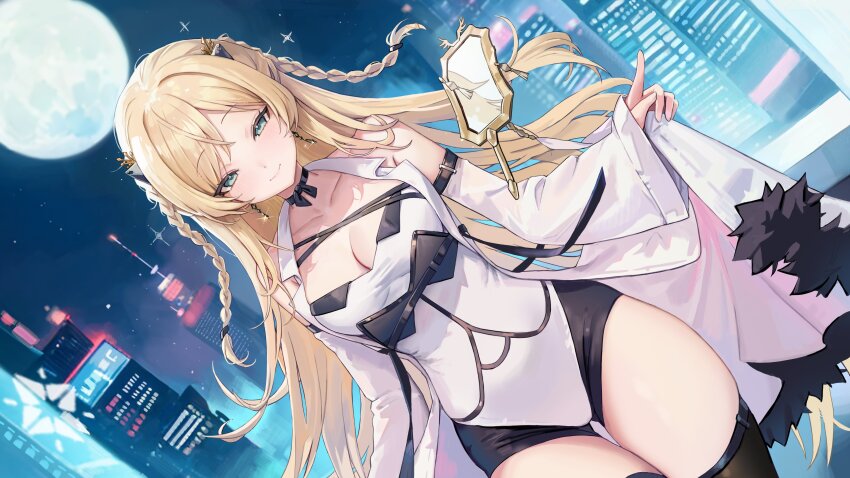 1girl absurdres aqua_eyes black_thighhighs blonde_hair breasts building cityscape cleavage closed_mouth coat coat_hold commentary commentary_request detached_sleeves earrings full_moon girls&#039;_frontline girls&#039;_frontline_neural_cloud hair_ornament hand_mirror highres jewelry k5_(girls&#039;_frontline) long_hair looking_at_viewer luna_(neural_cloud) mirror moon night night_sky scourer_14 skindentation sky sleeveless sleeveless_coat smile solo star_(sky) thighhighs white_coat