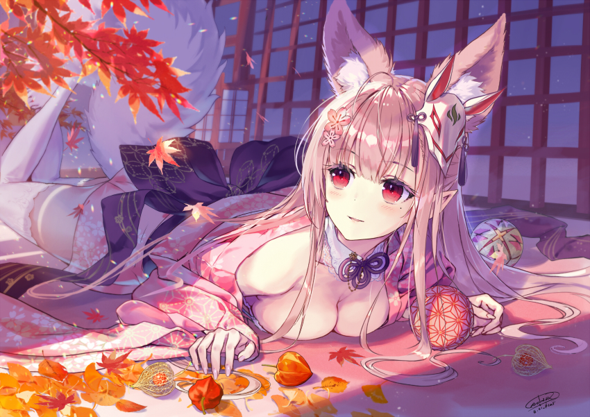 1girl animal_ears ball blush breasts cleavage fox_ears fox_mask fox_tail hair_ornament highres japanese_clothes kimono long_hair lying mask mask_on_head medium_breasts mole mole_under_eye on_stomach original panties parted_lips pink_hair red_eyes sanbasou smile solo tail thighhighs underwear white_thighhighs