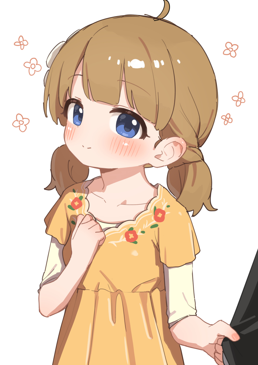 1girl absurdres ahoge blue_eyes blunt_bangs blush breasts closed_mouth collarbone dress eyelashes floral_print_dress flower hand_on_own_chest highres holding_another&#039;s_arm idolmaster idolmaster_million_live! idolmaster_million_live!_theater_days light_brown_hair light_smile long_sleeves looking_to_the_side low_twintails matanukinuki medium_hair no_nose orange_dress producer_(idolmaster) short_sleeves simple_background small_breasts suou_momoko twintails upper_body white_background