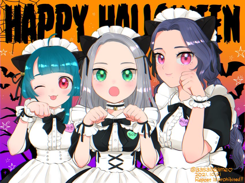 aasaagame alternate_costume alternate_hairstyle animal_ears apron black_hair blush breasts chigusa_(fortnite) choker english_text fortnite green_eyes hair_ornament halloween halloween_costume highres long_hair looking_at_viewer maid maid_apron maid_headdress megumi_(fortnite) multiple_girls open_mouth pink_eyes red_eyes short_hair silver_hair yuki_(fortnite)