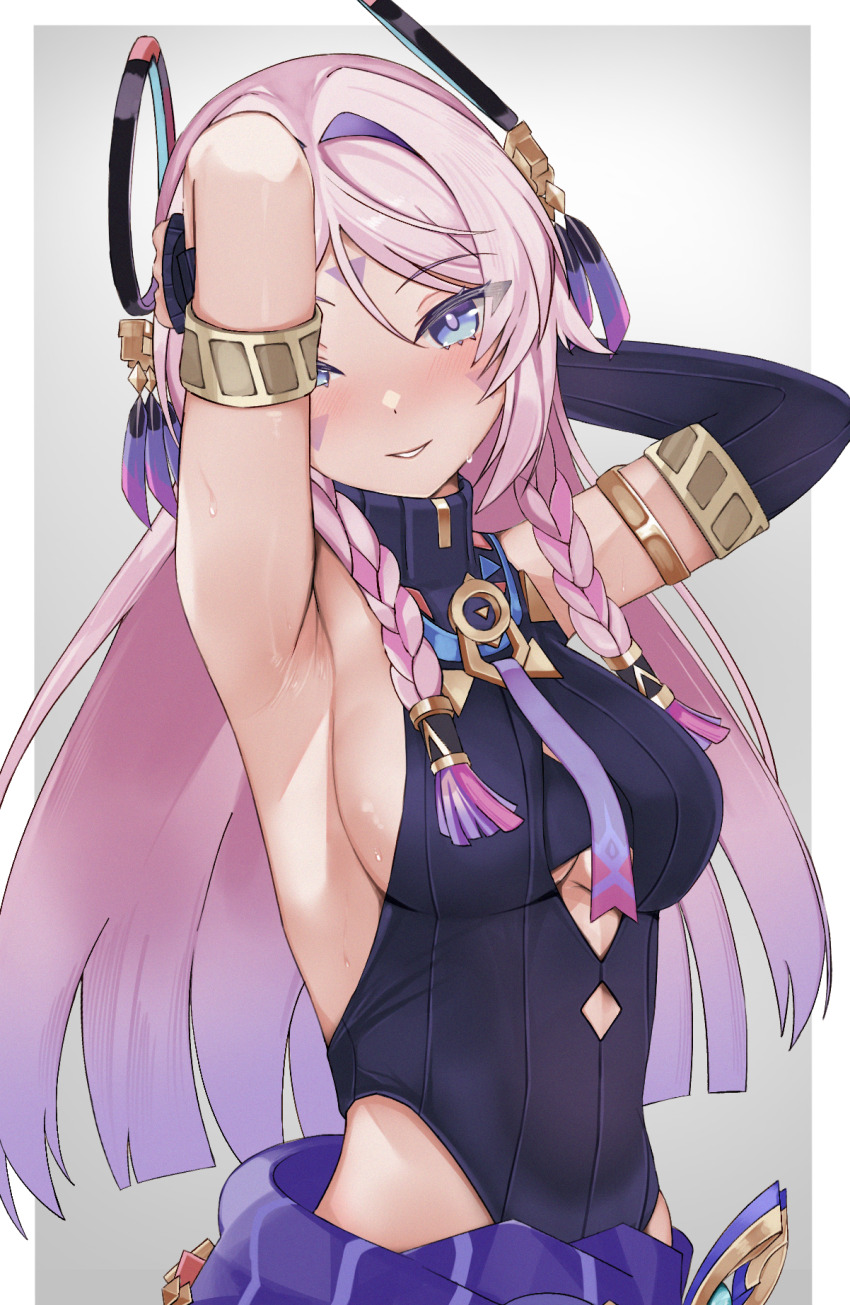 1girl armlet armpits arms_up asymmetrical_sleeves blue_eyes blush braid breasts citlali_(genshin_impact) collar commentary facial_mark feathers forehead_mark genshin_impact hair_intakes heattech_leotard highres jewelry large_breasts leotard long_hair looking_at_viewer pink_feathers pink_hair purple_collar purple_leotard purple_sarong purple_sleeves ribbed_leotard ring_hair_ornament sarong sideboob sleeveless_turtleneck_leotard smile solo sweat sylux triangle triangle_facial_mark turtleneck uneven_sleeves white_background