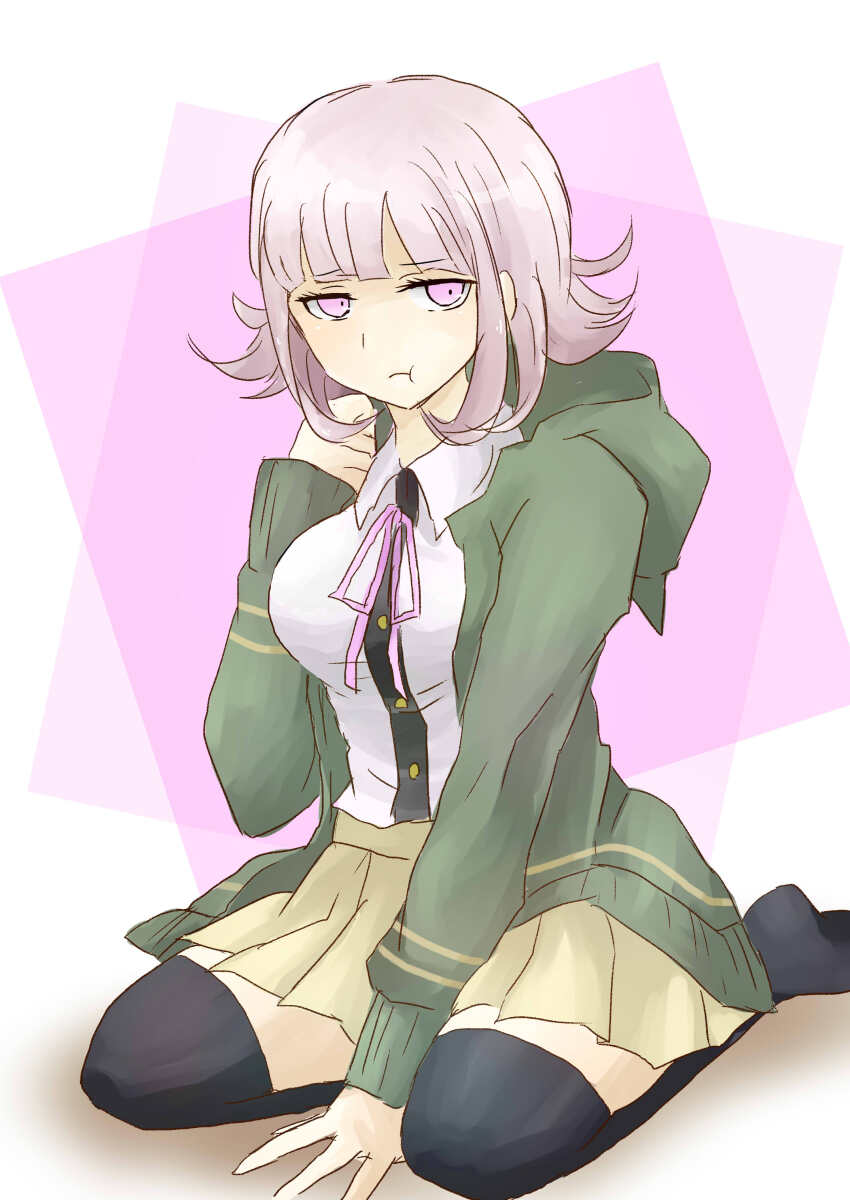 1girl absurdres arm_support black_shirt black_thighhighs brown_skirt collared_shirt commentary_request danganronpa_(series) danganronpa_2:_goodbye_despair dress_shirt flipped_hair green_jacket hand_up highres hood hooded_jacket jacket long_sleeves medium_hair nanami_chiaki neck_ribbon no_hair_ornament open_clothes open_jacket pink_eyes pink_ribbon pleated_skirt ribbon sasya_neko shirt skirt solo thighhighs white_shirt