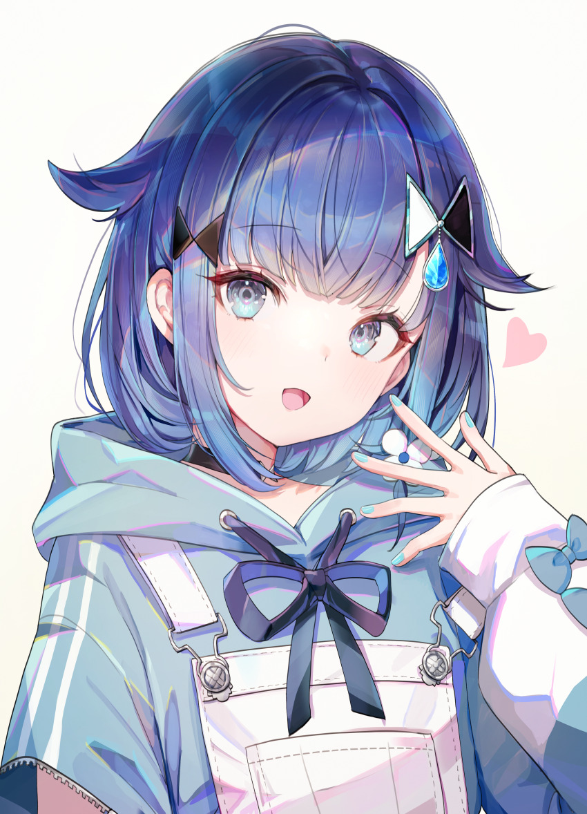 1girl :d absurdres blue_eyes blue_jacket blue_nails blush commentary_request hair_ornament heart highres hood hooded_jacket jacket misyune open_mouth smile solo tsumugi_kokage upper_body virtual_youtuber vspo! white_background