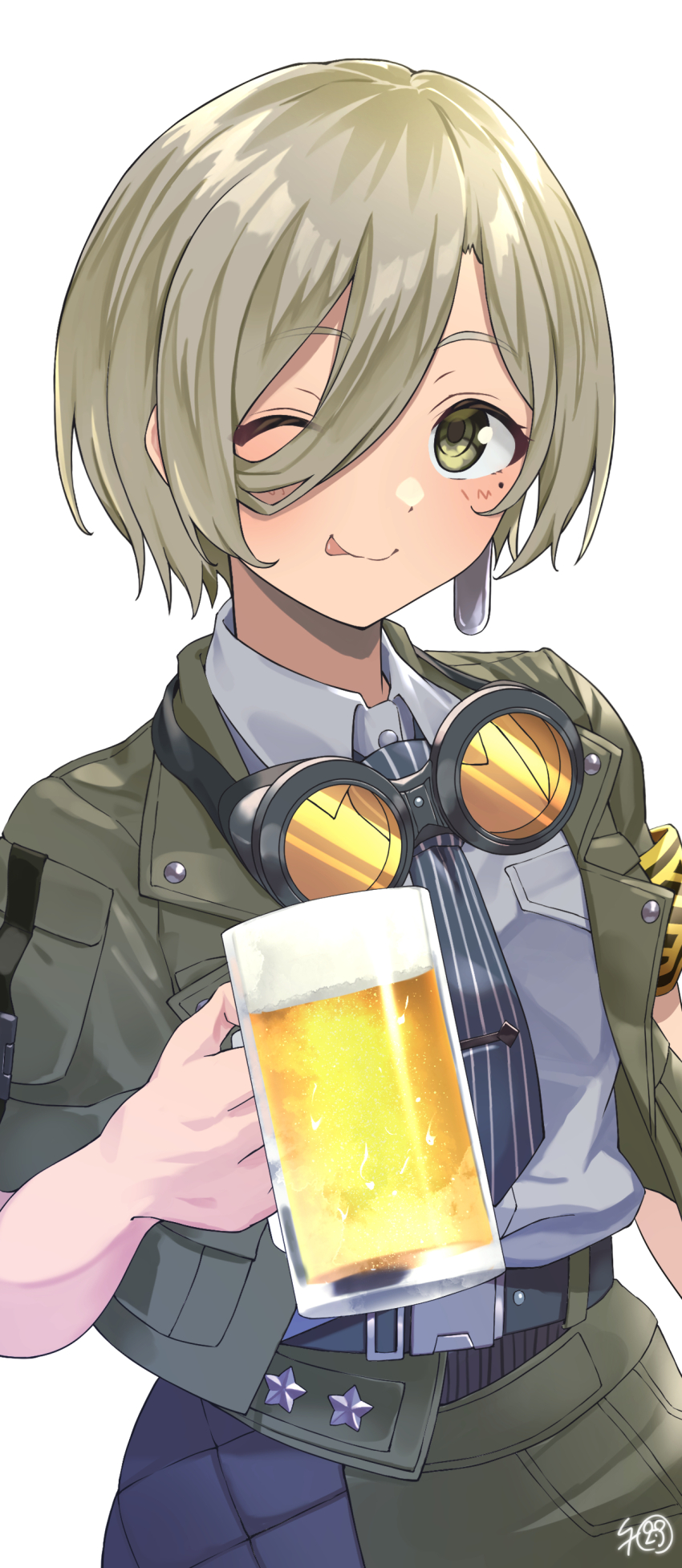 1girl absurdres beer_mug black_necktie brown_eyes brown_hair brown_jacket closed_mouth collared_shirt commentary_request cup dress_shirt earrings girls_band_cry goggles goggles_around_neck grey_shirt hair_between_eyes highres holding holding_cup jacket jewelry kuuhaku_to_catharsis kz_nezu3 long_hair_between_eyes looking_at_viewer mole mole_under_eye mug multicolored_hair necktie open_clothes open_jacket partial_commentary roots_(hair) rupa_(girls_band_cry) shirt short_hair short_sleeves signature single_earring solo striped_necktie tongue tongue_out white_background