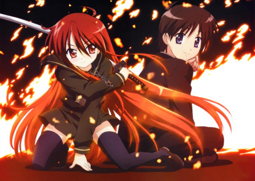 00s 1boy 1girl absurdres alastor_(shakugan_no_shana) highres jewelry pendant red_hair sakai_yuuji school_uniform serafuku shakugan_no_shana shana sword thighhighs weapon