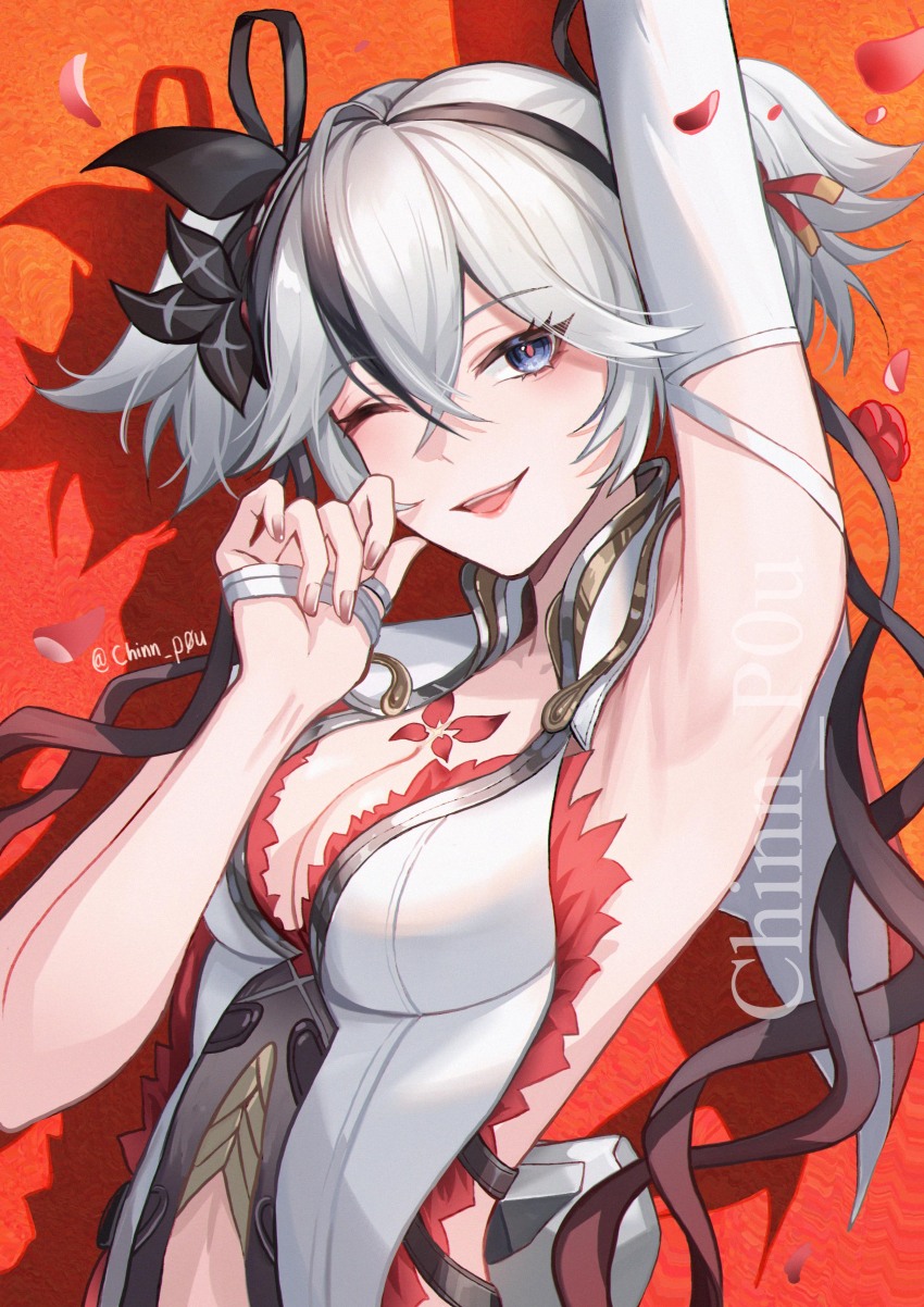 1girl ;d absurdres arm_up armpits bare_shoulders black_eyes black_flower black_hair blake_bloom_(wuthering_waves) blue_eyes breasts camellya_(wuthering_waves) chinnpou cleavage commentary english_commentary flower grey_hair hair_between_eyes hair_flower hair_ornament hair_vines hand_up highres large_breasts looking_at_viewer medium_breasts medium_hair multicolored_hair one_eye_closed open_mouth outstretched_arms presenting_armpit red_petals red_pupils short_twintails sleeveless smile solo streaked_hair tacet_mark_(wuthering_waves) twintails twitter_username upper_body white_hair wuthering_waves