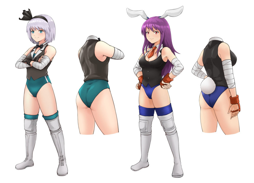 2girls animal_ears bandages blue_eyes blue_leotard bob_cut boots detached_collar green_leotard grey_hair hairband knee_pads konpaku_youmu leotard light_purple_hair long_hair multiple_girls necktie purple_hair rabbit_ears rabbit_girl rabbit_tail red_eyes red_necktie reisen_udongein_inaba short_hair standing tachi-e tail touhou touhou_tag_dream tuzi717 very_long_hair vest wrestling_outfit