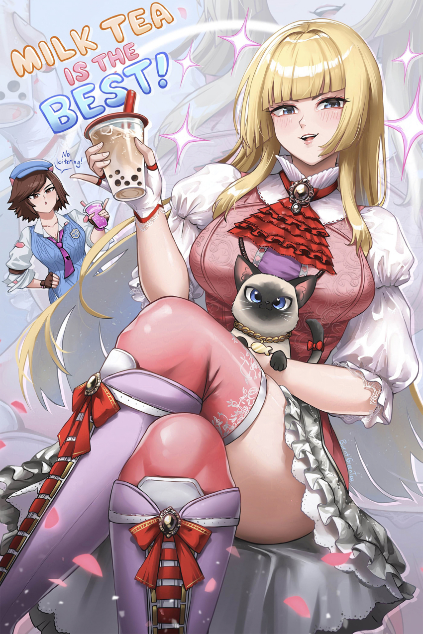 2girls blonde_hair blue_hat blunt_bangs breasts burnt_green_tea cat crossed_legs drink emilie_de_rochefort hat highres kazama_asuka long_hair looking_at_viewer milk_tea multiple_girls pink_theme sitting smile tekken tekken_8