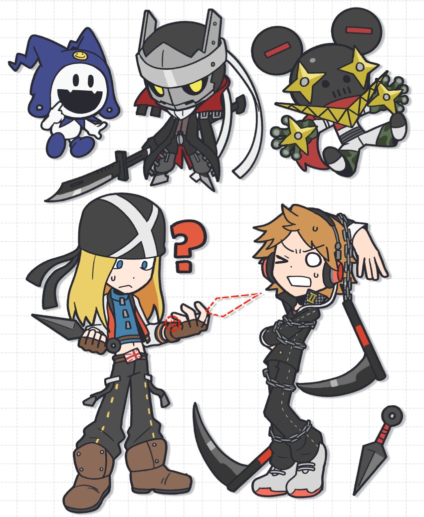 &gt;_o 2boys ? absurdres axl_low belt black_jacket black_pants blonde_hair blue_eyes boots bound brown_footwear brown_gloves brown_hair chain crossover fingerless_gloves gloves guilty_gear guilty_gear_strive headphones highres holding holding_weapon izanagi_(persona_4) jack_frost_(megami_tensei) jacket jiraiya_(persona_4) kama_(weapon) kunai kusarigama long_hair long_sleeves male_focus multiple_boys one_eye_closed open_mouth pants persona persona_4 sach56000 school_uniform sickle simple_background standing sweat weapon yasogami_school_uniform