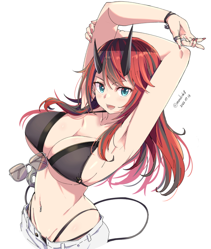 1girl aqua_eyes armpits arms_up bikini black_bikini black_hair black_horns breasts collarbone dated eyewear_hang eyewear_hang unworn_eyewear highres horns kichihachi large_breasts long_hair looking_at_viewer multicolored_hair nanashi_inc. navel navel_piercing open_mouth piercing red_hair revision ryugasaki_rene shorts simple_background solo sugar_lyric sunglasses swimsuit tail twitter_username two-tone_hair virtual_youtuber white_background white_shorts