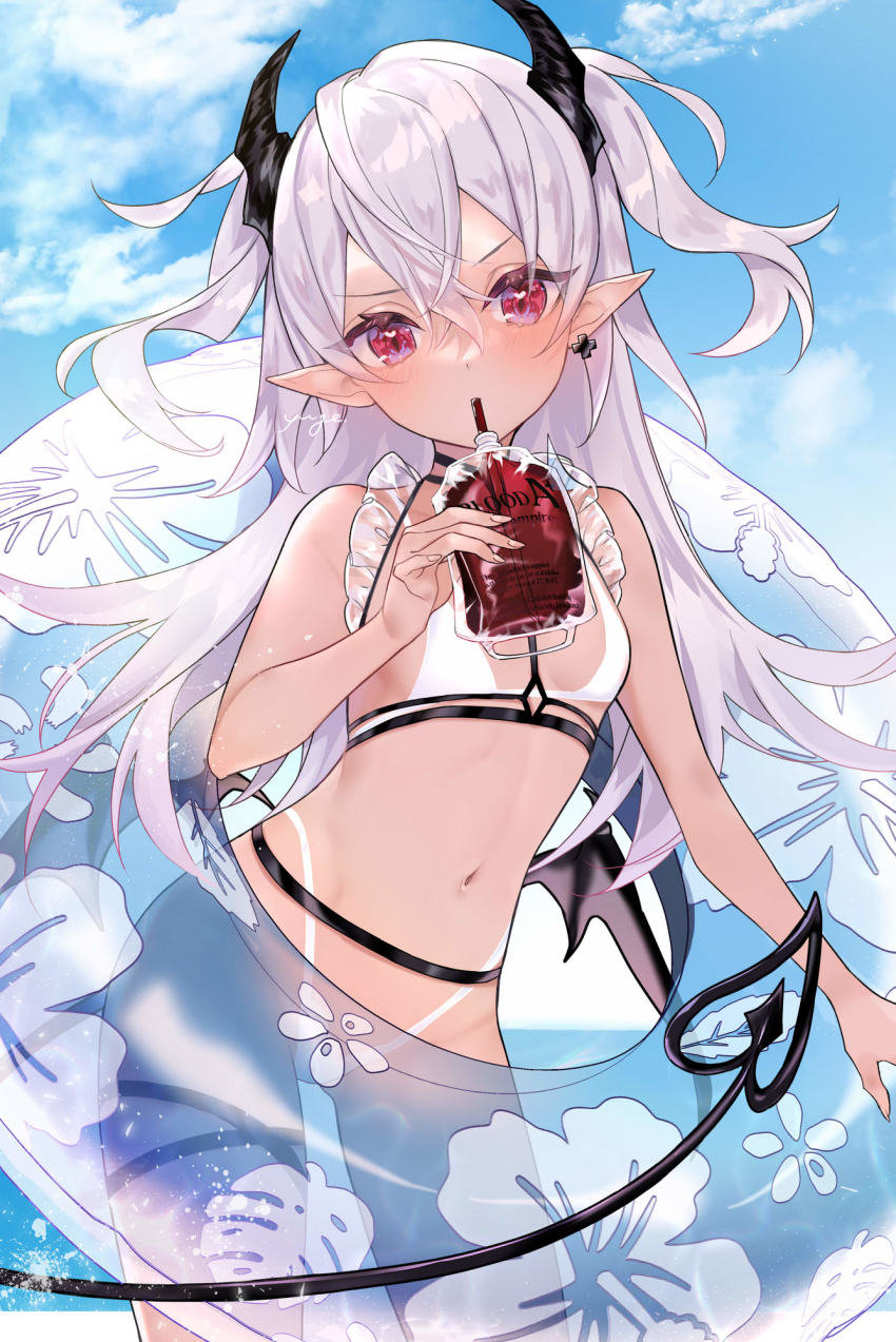 1girl bare_arms bare_shoulders bikini black_wings blood blood_bag blue_sky blush breasts cloud commentary_request contrapposto cross cross_earrings dark-skinned_female dark_skin day demon_girl demon_horns demon_tail demon_wings drinking drinking_straw earrings heart heart_in_eye highres holding horns innertube jewelry long_hair looking_at_viewer low_wings navel original outdoors pointy_ears red_eyes signature silver_hair single_earring sky small_breasts solo stomach swim_ring swimsuit symbol_in_eye tail thigh_strap two_side_up v-shaped_eyebrows very_long_hair white_bikini wings yukimiya_yuge