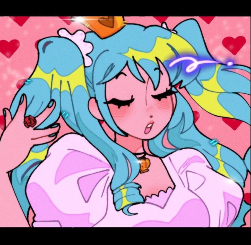 1girl blue_hair blue_nails blush closed_eyes commentary crown dress english_commentary hair_behind_ear hatsune_miku heart heaven_(blkventi) jewelry letterboxed necklace open_mouth pink_dress puffy_short_sleeves puffy_sleeves shell shell_necklace short_sleeves solo twintails u_u vocaloid world_is_mine_(vocaloid)