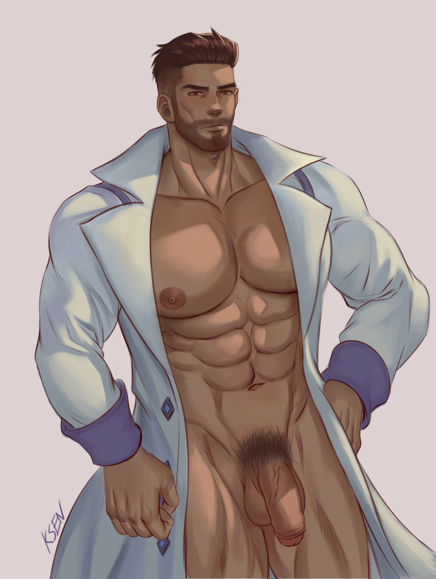 1boy abs absurdres artist_name bara bare_pectorals closed_mouth coat creatures_(company) facial_hair flaccid game_freak grey_background highres k_sen212 lab_coat large_pectorals male_focus male_pubic_hair muscular muscular_male naked_labcoat navel nintendo nipples nude open_clothes open_coat pectorals penis pokemon pokemon_sv pubic_hair short_hair simple_background solo testicles turo_(pokemon) undercut